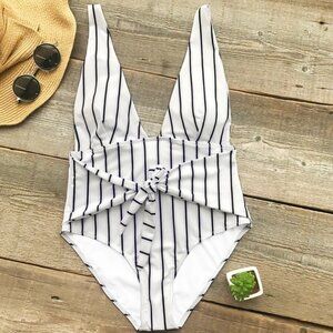 CUPSHE One Piece Swimsuit V-Neck Bathing Suit Tie Back Adjustable Straps…